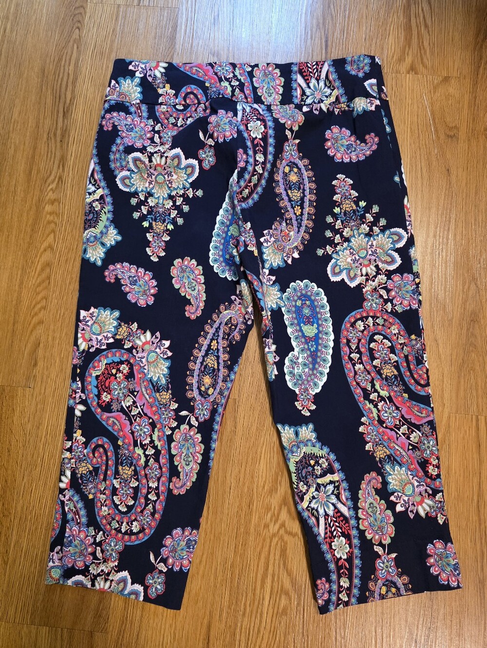 Zac & Rachel Paisley Capri Pants Navy Blue Straight Leg Pull On Stretch Size 12 - Picture 2 of 13